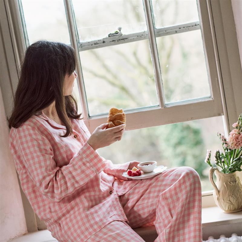 Pink Bloom Gingham Linen Pajama Set