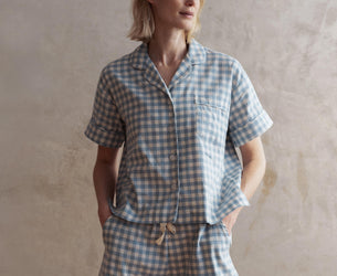 Warm Blue Gingham Linen Blend Pajama Short Set