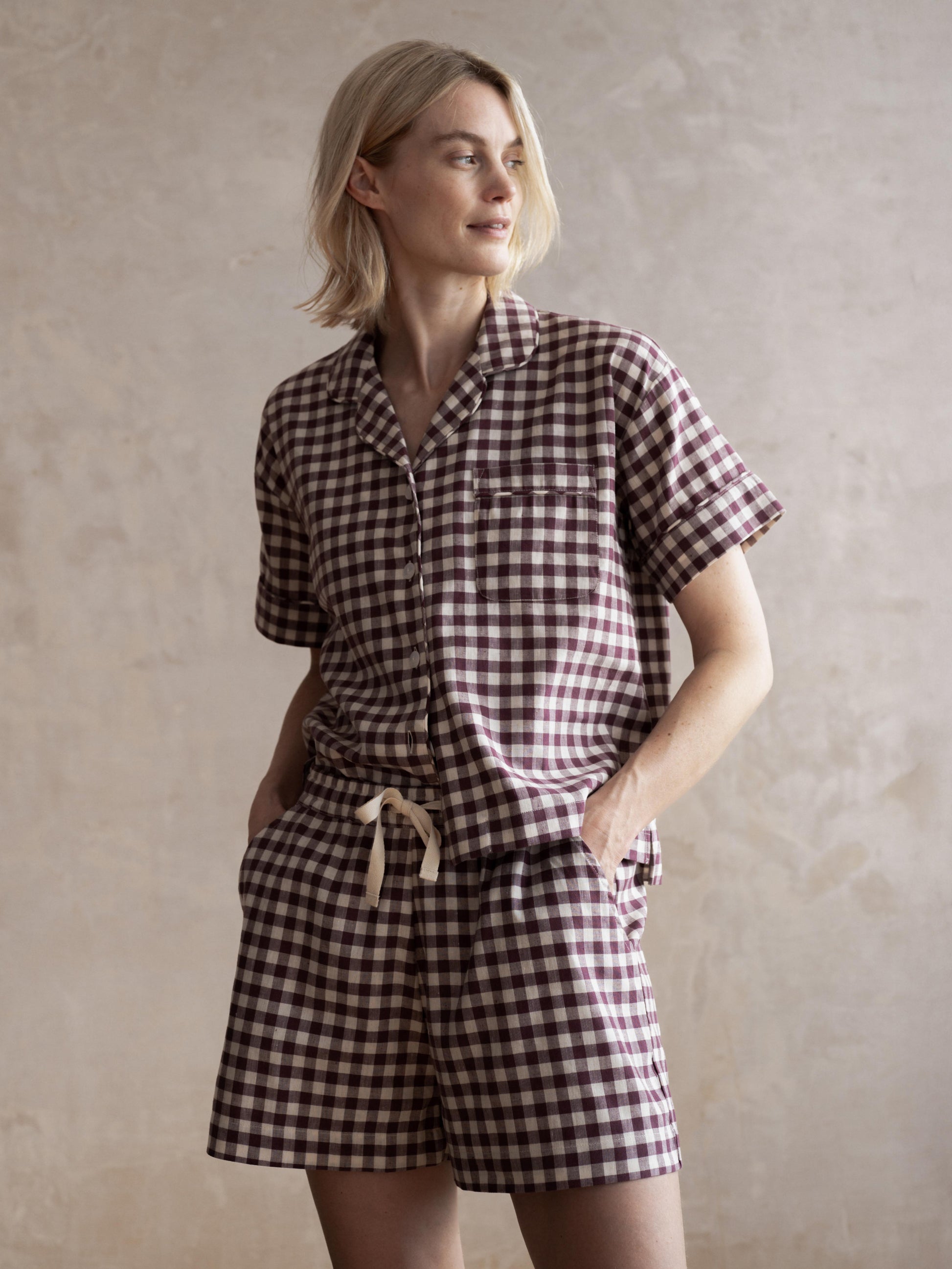 Berry Gingham Linen Blend Pajama Short Set