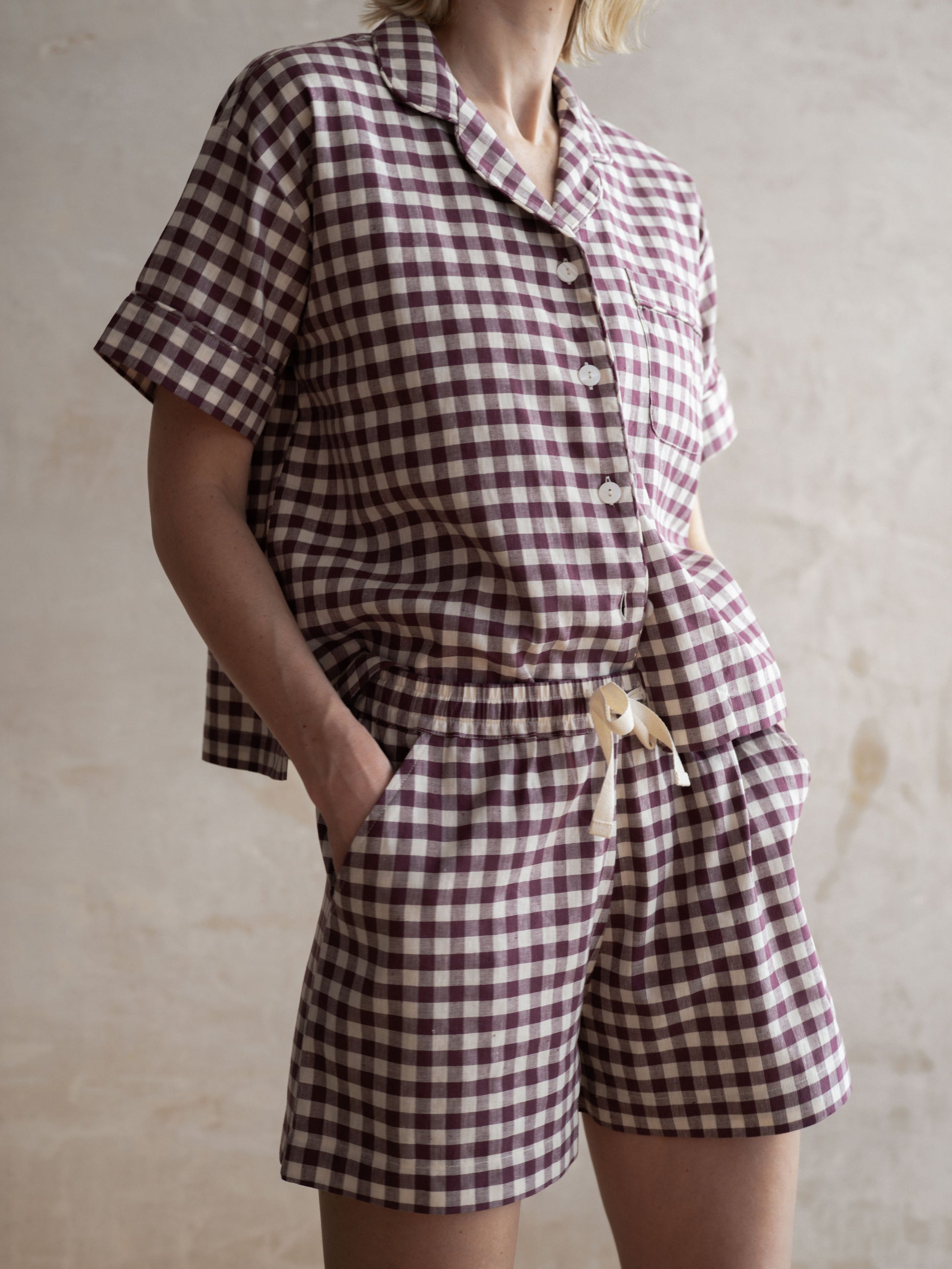 Berry Gingham Linen Blend Pajama Short Set