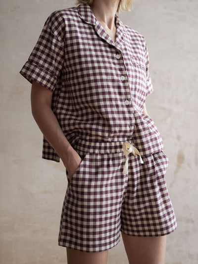 Berry Gingham Linen Blend Pajama Short Set