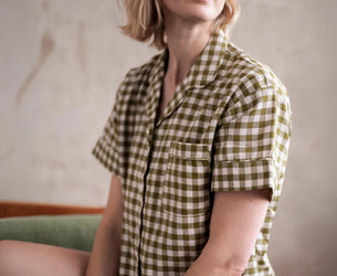 Botanical Green Gingham Linen Blend Pajama Short Set