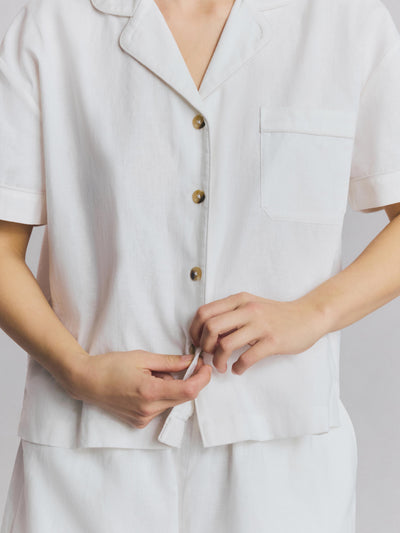 White Linen Blend Pajama Short Set