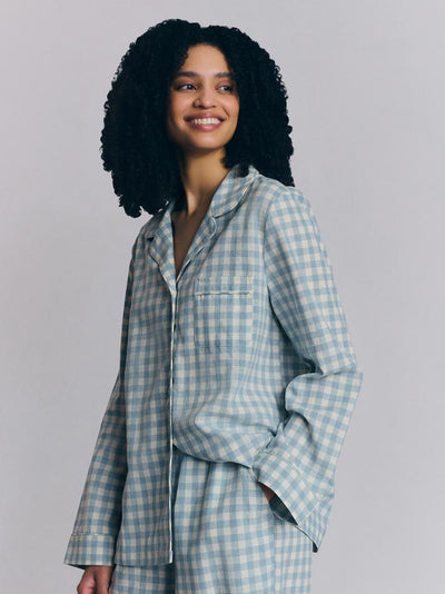 Warm Blue Gingham Linen Blend Pajama Set