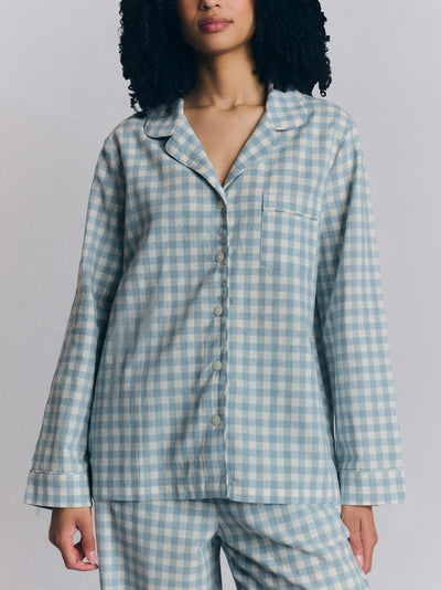 Warm Blue Gingham Linen Blend Pajama Set - alternate image