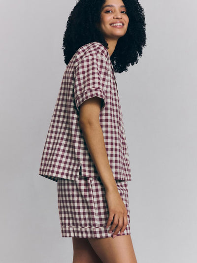 Berry Gingham Linen Blend Pajama Short Set
