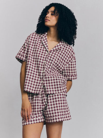 Berry Gingham Linen Blend Pajama Short Set