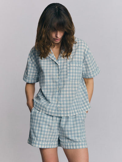 Warm Blue Gingham Linen Blend Pajama Short Set