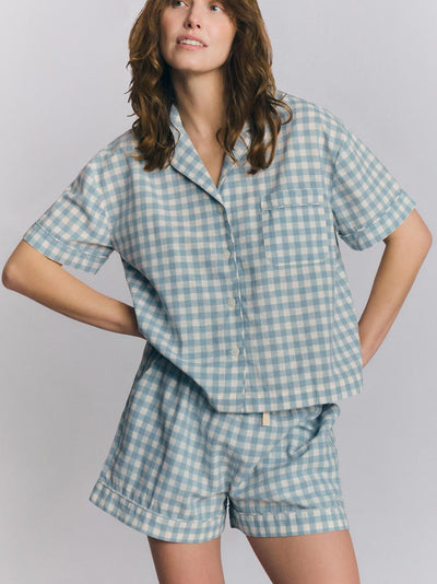 Warm Blue Gingham Linen Blend Pajama Short Set