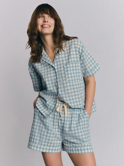 Warm Blue Gingham Linen Blend Pajama Short Set
