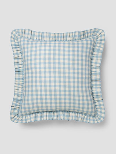Warm Blue Gingham Frill Linen Blend Filled Cushion - alternate image
