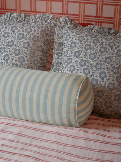 Dusk Blue Folk Floral Frill Linen Blend Filled Cushion