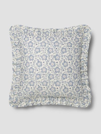 Dusk Blue Folk Floral Frill Linen Blend Filled Cushion