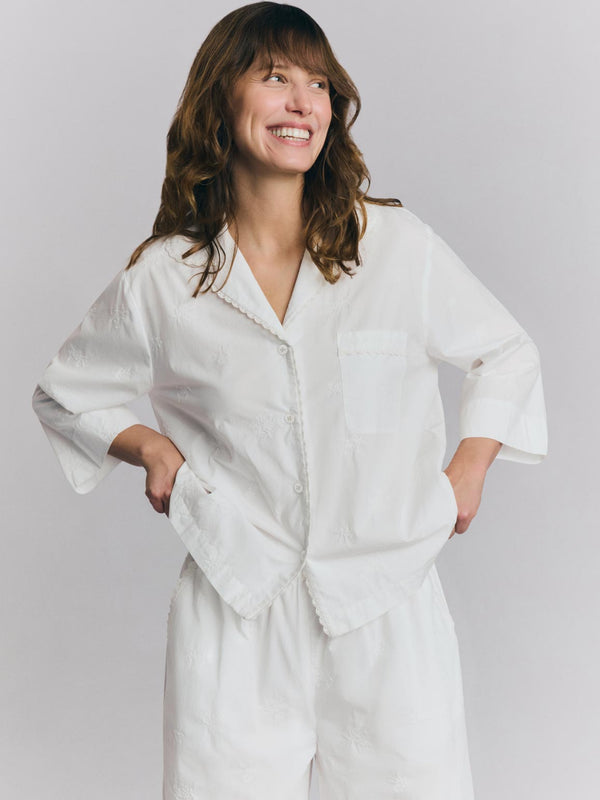 White Embroidered Cropped Trouser PJ Set