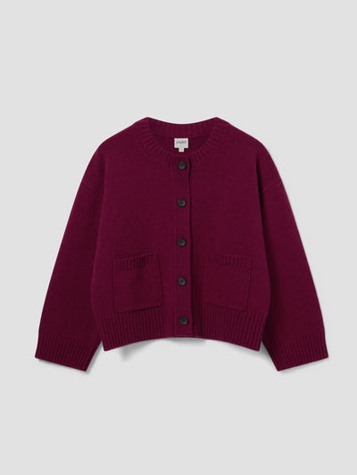 A deep burgundy knit cardigan sweater with dark buttons and two front patch pockets, displayed flat against a light gray background.