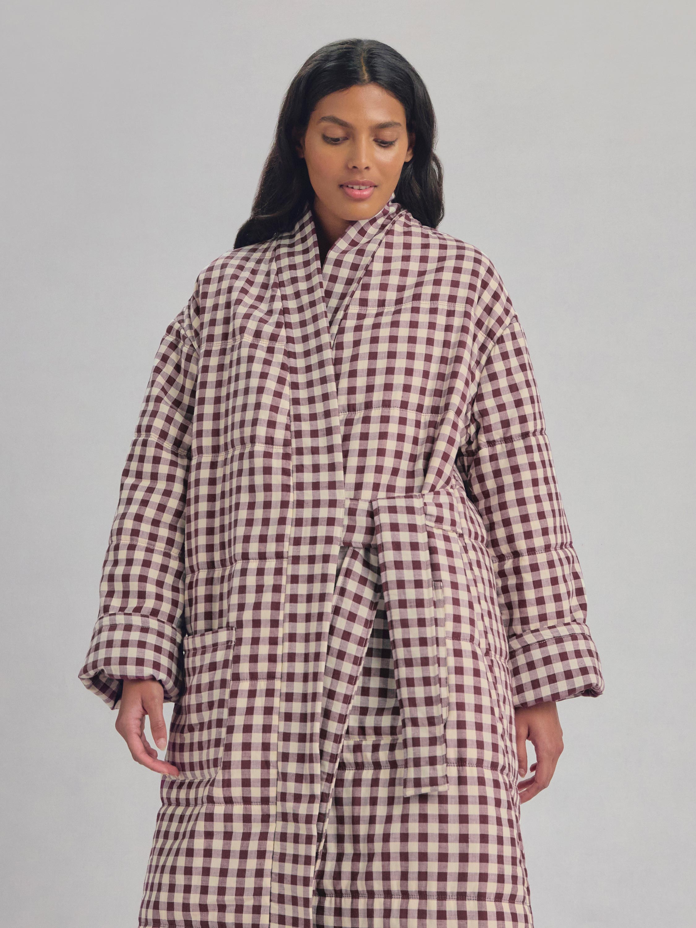 Berry Gingham Linen Blend Housecoat | Piglet in Bed US