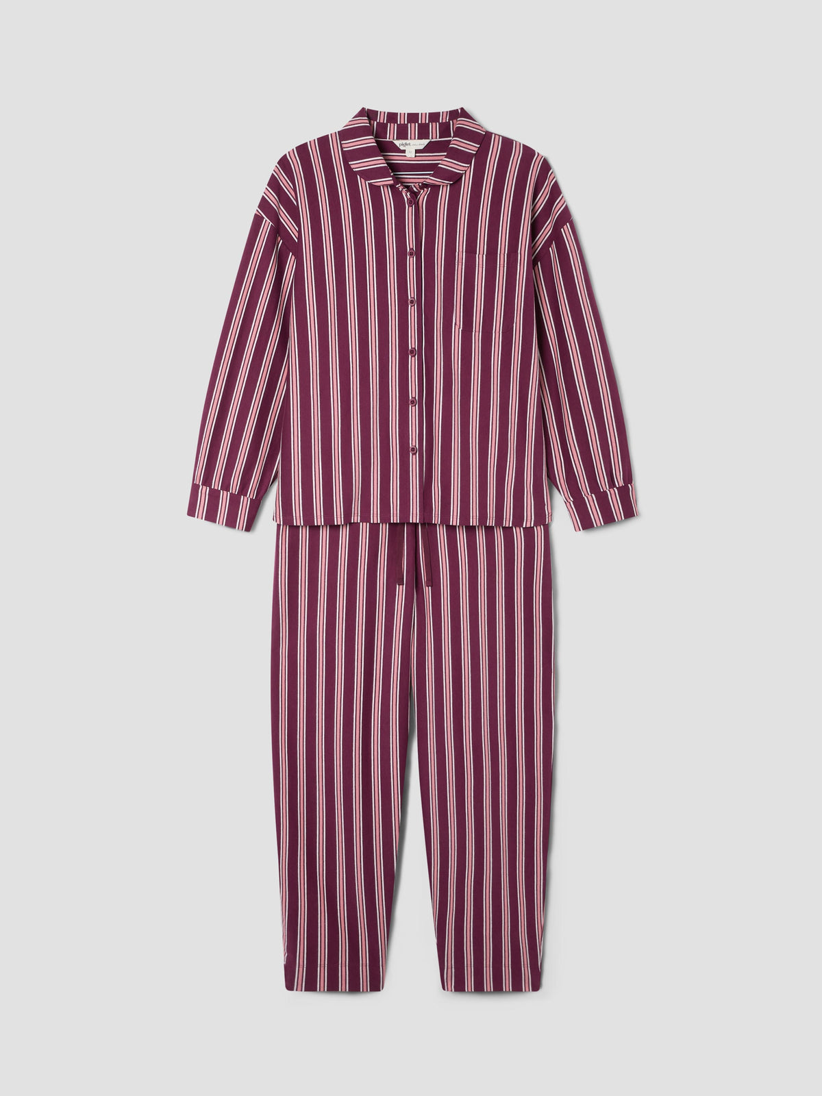 Long sleeved top and trouser pajama set with pink and rhubarb red vertical stripes, and a peter pan collar on a light grey background.