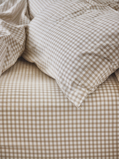 Café au Lait Gingham Washed Cotton Fitted Sheet