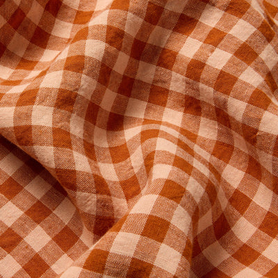 Cinnamon & Peach Color Drenched Gingham 100% Linen Fitted Sheet