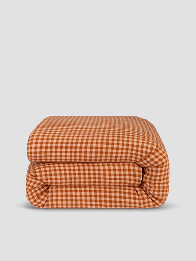 Cinnamon & Peach Colour Drenched Gingham Linen Blend Duvet Cover