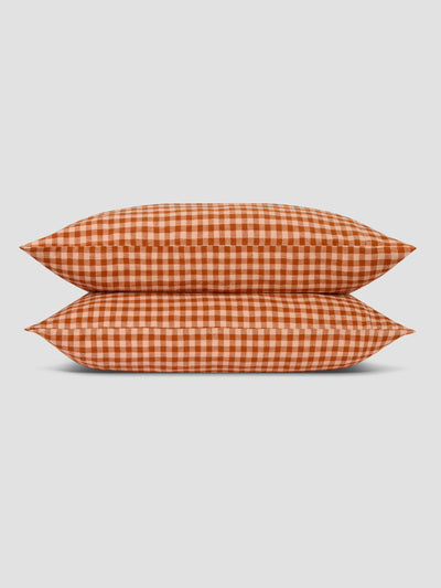 Cinnamon & Peach Colour Drenched Gingham Linen Blend Pillowcases (Pair)