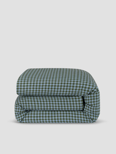 Fern Green & Dusk Blue Colour Drenched Gingham Linen Blend Duvet Cover