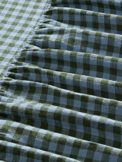 Fern Green & Dusk Blue Color Drenched Gingham Linen Blend Bed Skirt