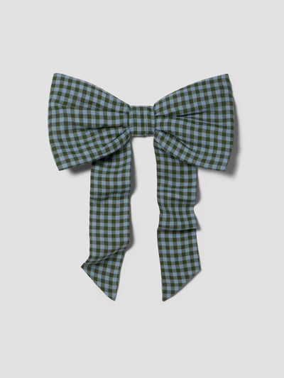 Fern Green & Dusk Blue Color Drenched Gingham Linen Blend Bow
