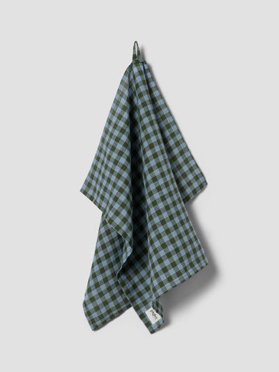 Fern Green & Dusk Blue Colour Drenched Gingham Linen Blend Tea Towel