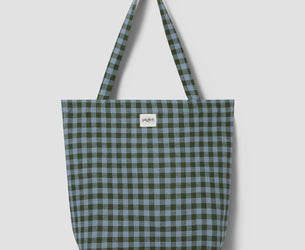 Fern Green & Dusk Blue Colour Drenched Gingham Linen Blend Tote Bag - Piglet in Bed US