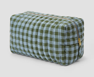 Fern Green & Dusk Blue Color Drenched Gingham Linen Blend Wash Bag - Piglet in Bed US