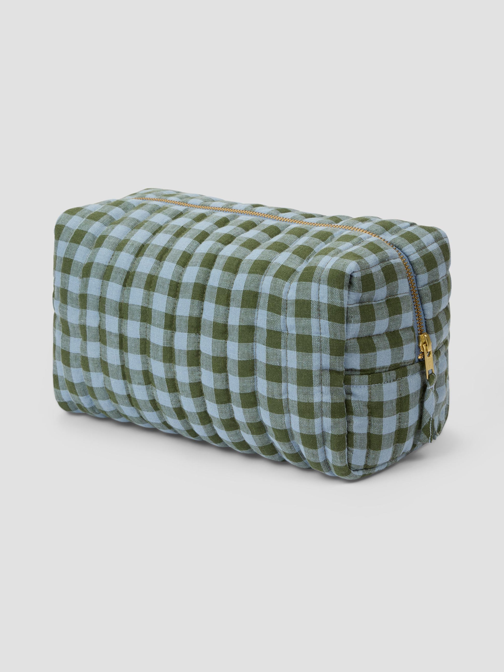 Fern Green & Dusk Blue Color Drenched Gingham Linen Blend Wash Bag