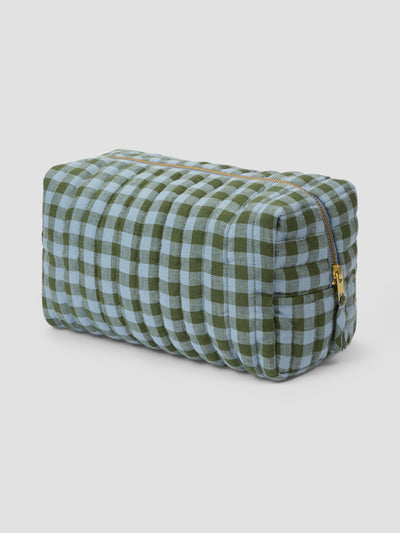 Fern Green & Dusk Blue Color Drenched Gingham Linen Blend Wash Bag