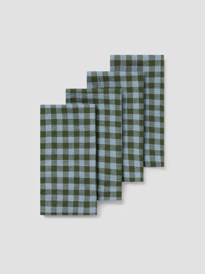 Fern Green & Dusk Blue Color Drenched Gingham Linen Blend Napkins Set of 4