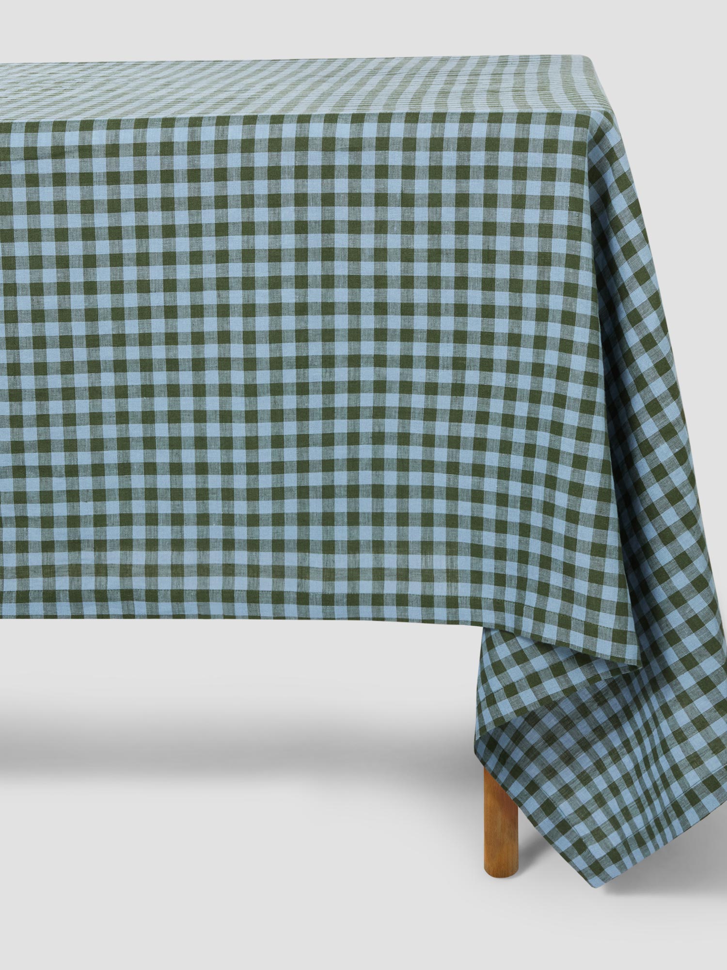 Fern Green & Dusk Blue Color Drenched Gingham Linen Blend Tablecloth
