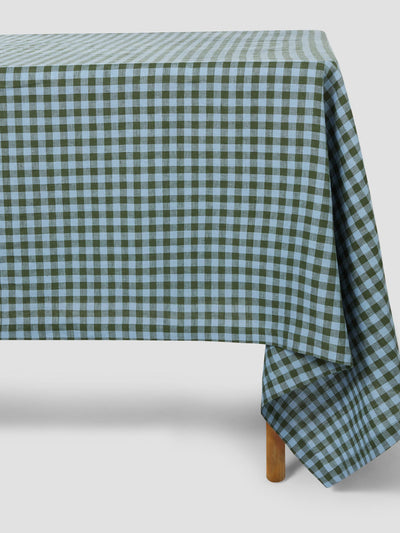 Fern Green & Dusk Blue Color Drenched Gingham Linen Blend Tablecloth