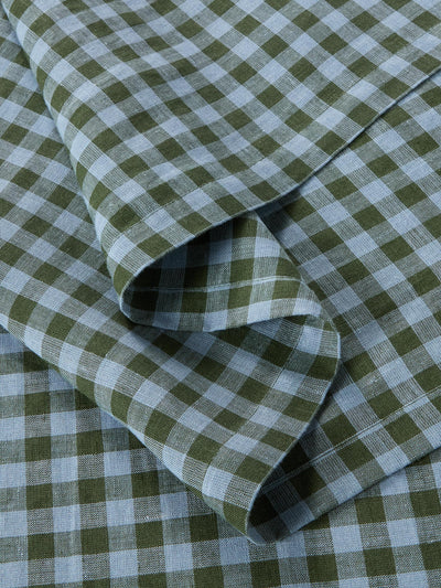 Fern Green & Dusk Blue Color Drenched Gingham Linen Blend Table Runner