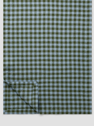 Fern Green & Dusk Blue Color Drenched Gingham Linen Blend Table Runner