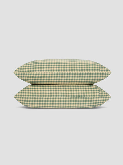 Elm Green & Butter Yellow Color Drenched Gingham Linen Blend Pillowcases (Pair)