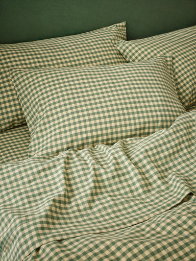 Elm Green & Butter Yellow Color Drenched Gingham Linen Blend Pillowcases (Pair)