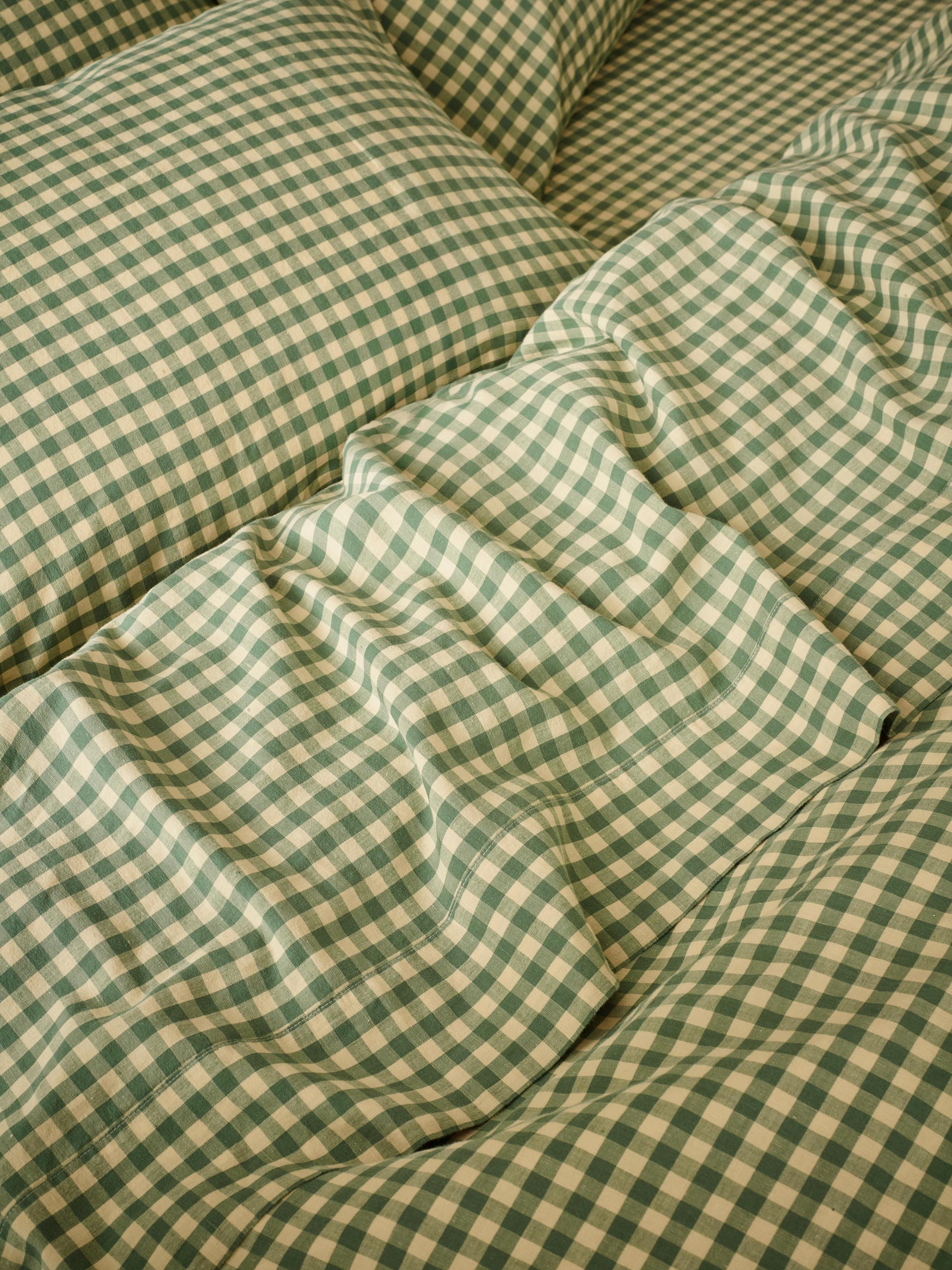 Elm Green & Butter Yellow Color Drenched Gingham Linen Blend Flat Shee