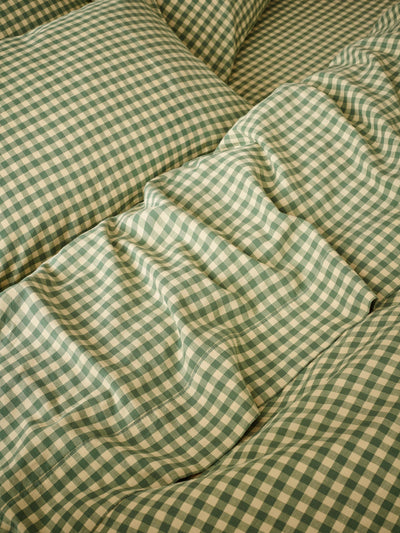 Elm Green & Butter Yellow Color Drenched Gingham Linen Blend Flat Sheet
