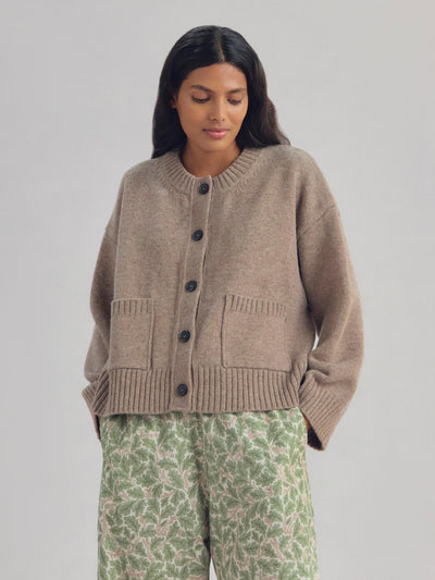 Heather Brown Crew Neck Wool Cardigan