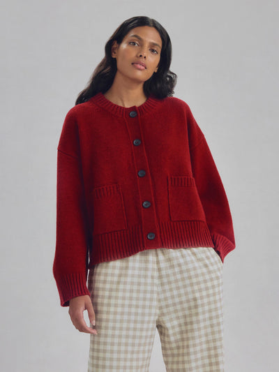Red Crew Neck Wool Cardigan