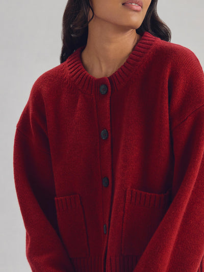 Red Crew Neck Wool Cardigan