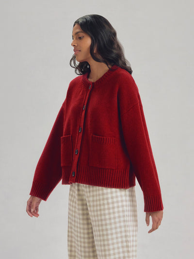 Red Crew Neck Wool Cardigan - alternate image