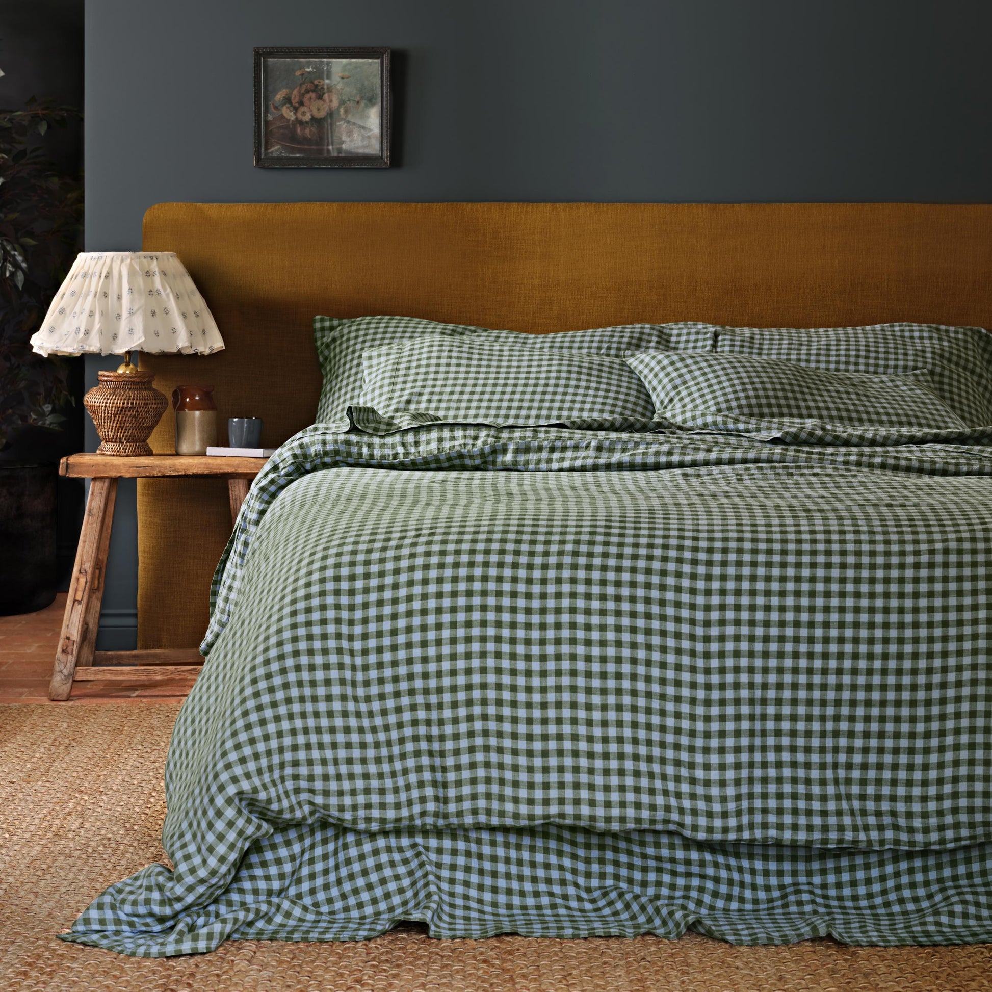 Fern Green & Dusk Blue Color Drenched Gingham 100% Linen Duvet Cover