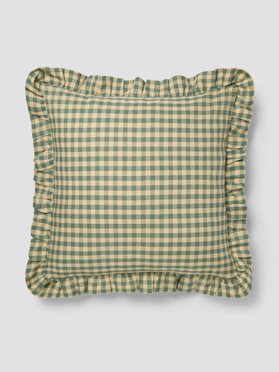 Elm Green & Butter Yellow Gingham Frill Linen Blend Filled Cushion - alternate image