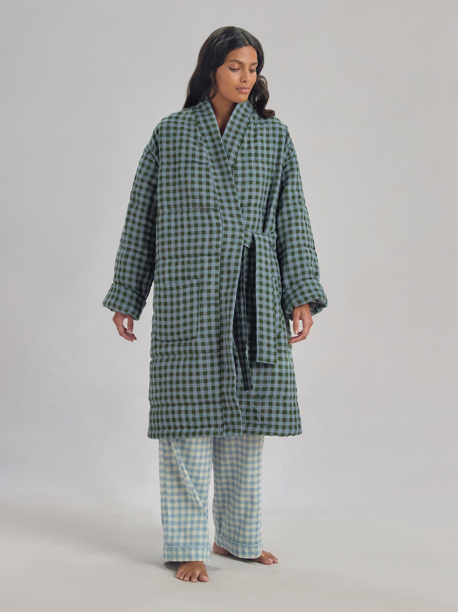 Fern Green & Dusk Blue Color Drenched Gingham Linen Blend Housecoat