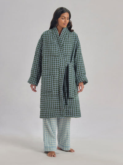 Fern Green & Dusk Blue Color Drenched Gingham Linen Blend Housecoat